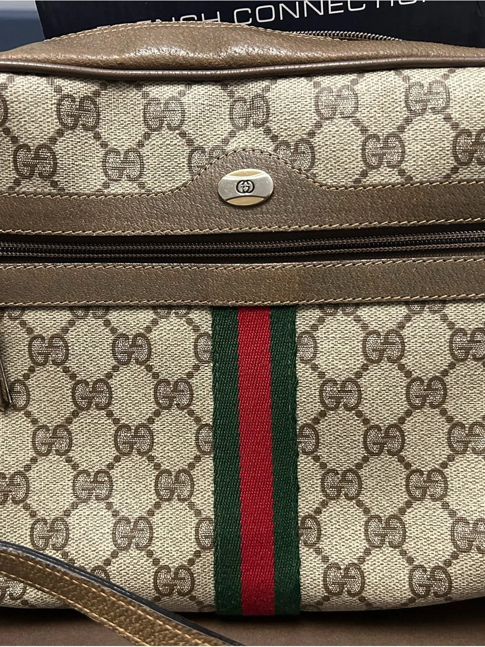Gucci Beige Brown Monogram Canvas Backpack with Green-Red Web